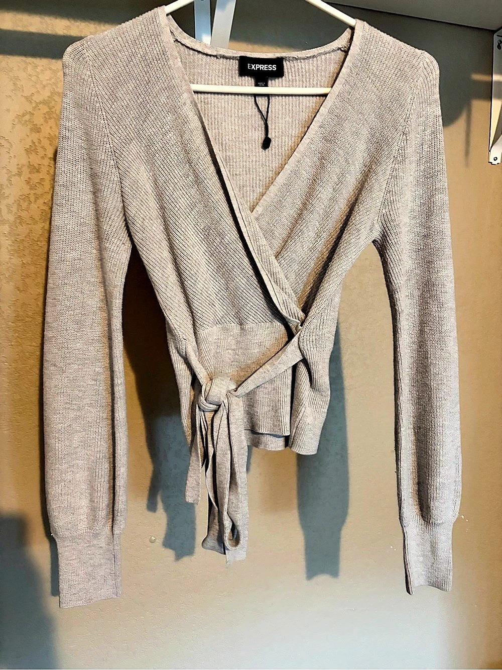 Express Ribbed Knit Wrap Tie Sweater Gray V-Neck XS
